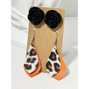 Leopard Print Vegan‎ Leather Dangle & Rose Stud Earrings Orange & Black 2 Pairs
